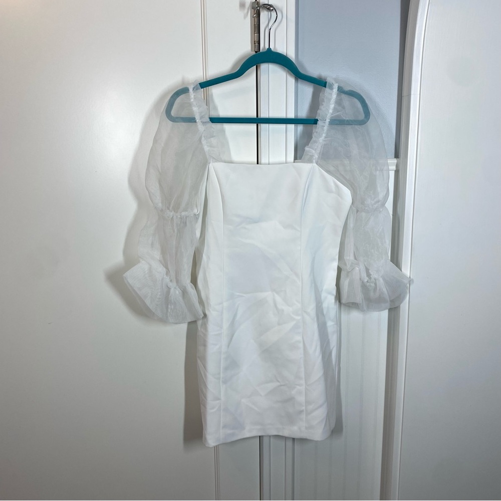 Amanda Uprichard White Mini Dress with Sheer Puff Sleeves